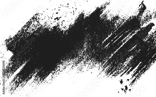 Modern Black Hand Painted Grunge Brush Stroke with Paint Splatters on Rough White Background Vector Texture.