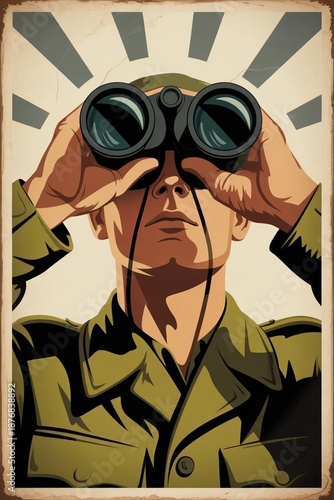 Soldier looking through binoculars, retro military poster, close-up of soldier's face, olive green military uniform, simplified clean lines, retro aesthetics of aged propaganda card from the 1940s
