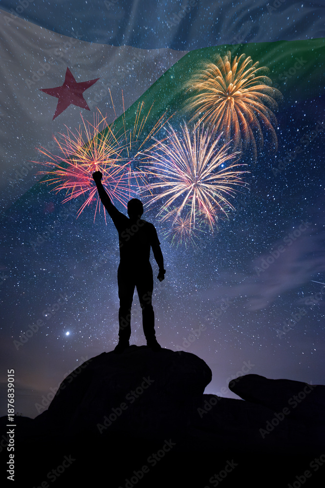 Fototapeta premium Man against background of a fireworks and national flag of Djibouti