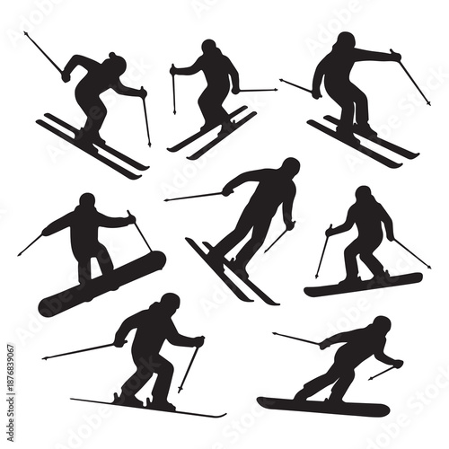 Skiing and Snowboarding Silhouette Set, Winter Sports Athletes in Action