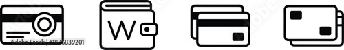 Professional finance icon set featuring minimalist outline designs for credit cards a wallet and digital payment transaction symbols.