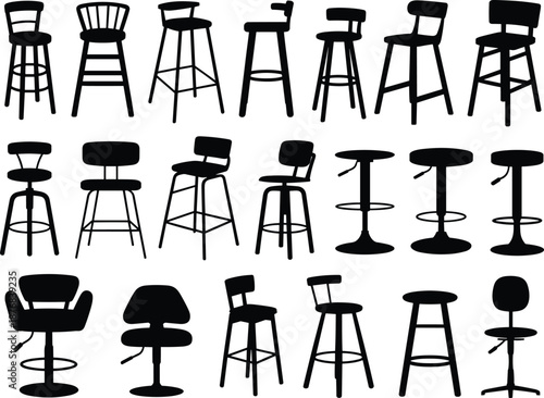 Bar stool and chair silhouette set, black seating icons, furniture design comparison, modern seat graphic, interior decor illustration