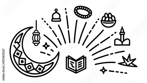 Ramadan Iconography: A vibrant graphic design that encapsulates the essence of Ramadan, featuring symbolic elements like the crescent moon, mosque, lantern, and prayer beads.