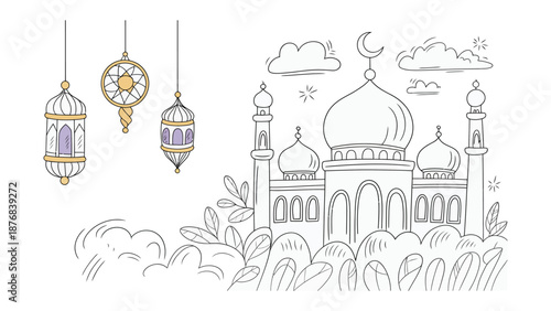 Festive Scene: capturing an illustration scene that shows the essence of the Ramadan, featuring a beautiful mosque, moon, lantern and cloud.