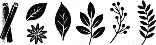 Botanical silhouette illustration, herb and spice icons, black leaf sketch, minimalist plant design, culinary nature elements, decorative foliage art