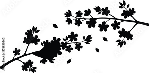 Silhouettes of flowering tree branches with blossoms, leaves, and perched bird for botanical, decorative, nature, and vector design content