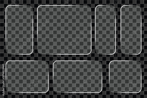 Modern Liquid glass morphism UI element set with frosted glass effect on dark grid. Transparent vector buttons, cards and panels for futuristic mobile app or web interface. glass banner, glass button.
