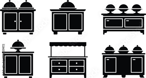 Buffet table silhouette icon set, black serving station graphics, food service furniture illustration, catering layout design elements