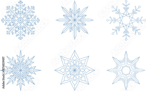 Professional light blue snowflake icon set featuring various geometric crystalline winter holiday and cold weather design elements.