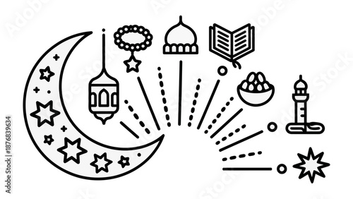 Celebrating Faith: Symbolic line art illustrations evoking the spirit of Ramadan, depicting crescent moon, lantern, prayer beads, star, open Quran, dates and mosque.