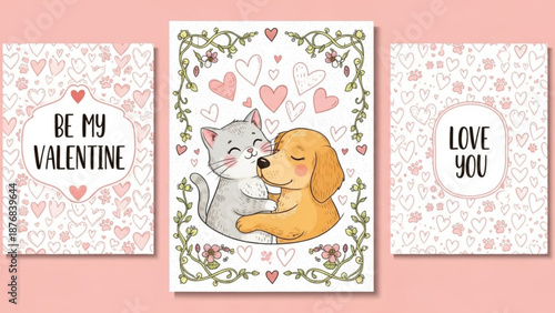 Cute Cat and Dog Hugging on Valentines Day Card with Heart Pattern