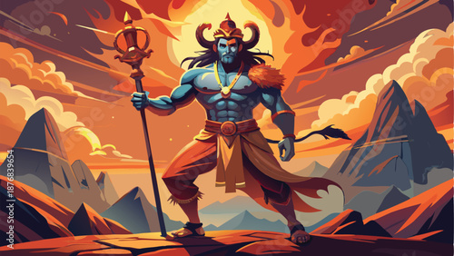 Hindu god shiva standing on mountain peak  vector