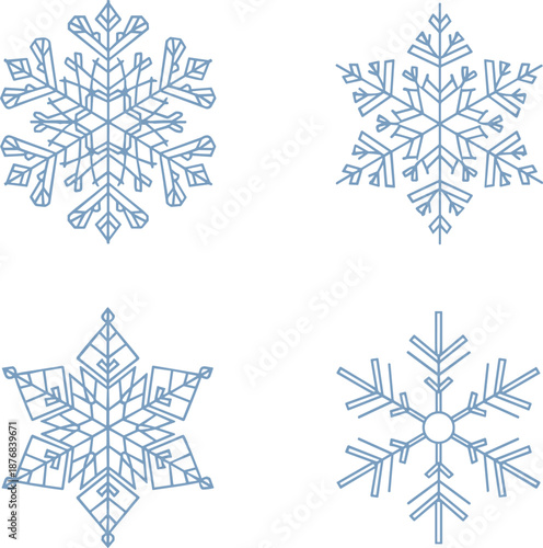 Professional light blue snowflake icon set featuring various geometric crystalline winter holiday and seasonal ice design vector elements.
