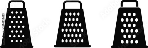 Cheese grater silhouette set, black kitchen tool icons, food prep equipment graphic, culinary utensil illustration, cooking accessory design