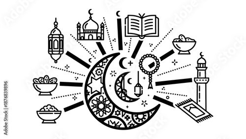 Symbols of Ramadan: A beautifully illustrated collection of traditional symbols comes together, each representing the essence of Ramadan.