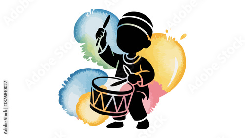 Rhythmic Expression: A silhouette of a musician enthusiastically plays the drum, as vibrant watercolor splashes dance around, evoking a sense of rhythm, art, and vibrant music.