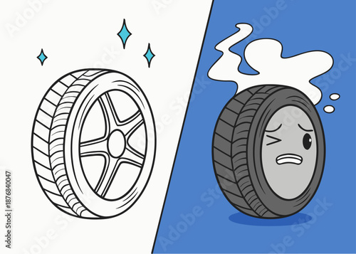 Isometric view of aging tires, showing old and young tire conditions for automotive repair and tire replacement concepts.