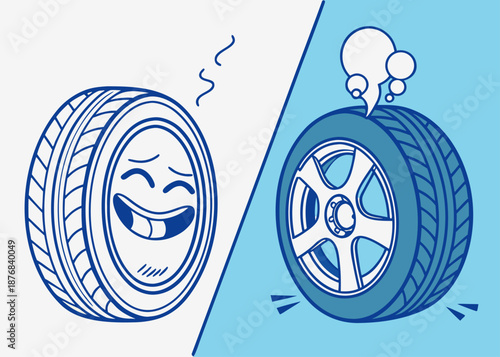 Old and young tire lifecycle in isometric design, demonstrating aging effects and wear patterns for automotive maintenance graphics.