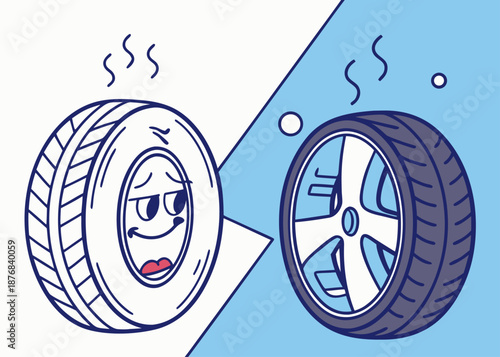 Illustration of old and young tires in isometric style, emphasizing tire age and durability for automotive and engineering designs.