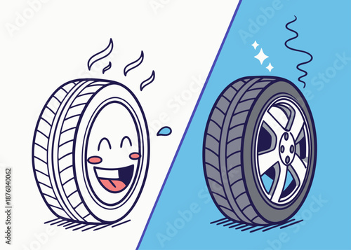 Tire age comparison in isometric style, old and young tires depicted for automotive, engineering, and maintenance concepts.