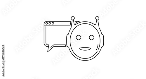 Minimalist black and white line art icon depicting a friendly artificial intelligence chatbot head avatar next to an empty speech bubble for digital communication support services and virtual assistan