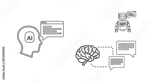 Conceptual representation illustrating artificial intelligence human thinking process versus chatbot communication and machine learning system interactions in digital dialogue representation.