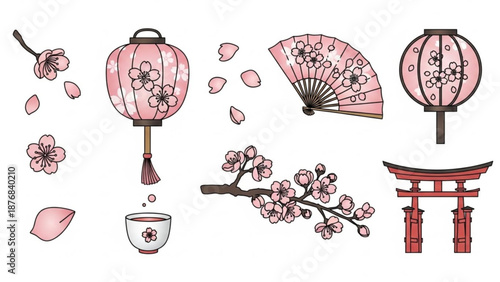Japanese Lanterns, Cherry Blossoms, and Torii Gate Illustration Set