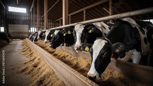 Black and white dairy cows eating grain in a long trough inside a barn