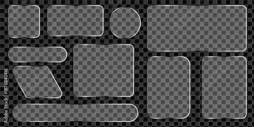 Glassmorphism UI Elements Set. Transparent Glass Plates, Acrylic Badges, and Geometric Shapes for Modern UI or UX Design, Empty Glossy Clear Buttons, Frames and Banners Vector Mockup Bundle. EPS 10. 