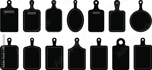 Cutting board silhouette set, black kitchen tool icons, culinary prep surface graphic, food chopping design, cookware shape illustration