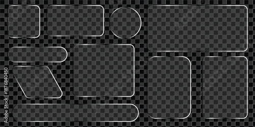 Modern Liquid glass morphism UI element set with frosted glass effect on dark grid. Transparent vector buttons, cards and panels for futuristic mobile app or web interface. glass banner, glass button.