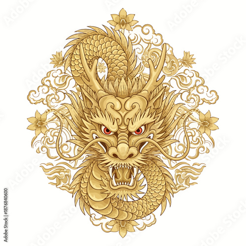 Powerful mythological golden Chinese dragon roaring amid elegant