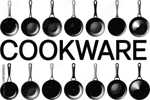 Frying pan illustration set, cookware graphic design, kitchen tools layout, black cooking surface, metallic handle sketch, culinary equipment art