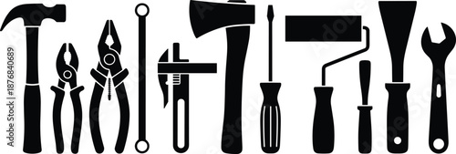Hand tool silhouette set, construction equipment icons, black hardware illustration, repair tool graphic, maintenance gear layout, DIY design elements