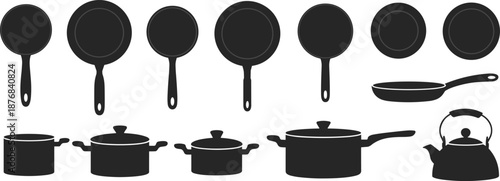 Kitchen cookware silhouette set, cooking tools illustration, black utensil icons, pot and pan collection, culinary equipment graphic, food prep design