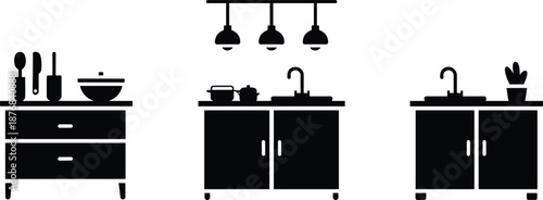 Kitchen counter silhouette set, black cooking station icons, sink and utensil graphics, interior design elements, culinary workspace illustration