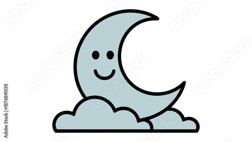 Smiling Moon and Clouds: A cheerful crescent moon with a smiling face rests on fluffy clouds, evoking a sense of calm and nighttime delight.