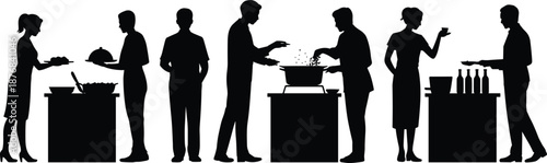 Kitchen staff silhouette illustration, food preparation scene, catering teamwork graphic, black cooking figures, culinary service design, chef activity icons