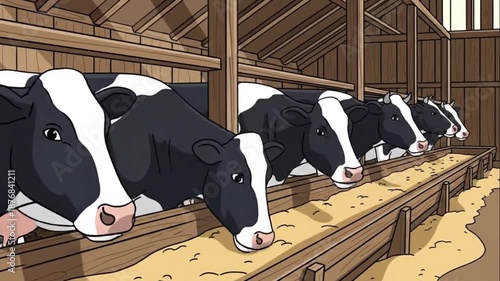 Dairy Cows Feeding Inside Wooden Barn Illustration