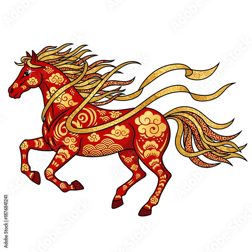 Vibrant mythological Chinese zodiac horse galloping with elegant