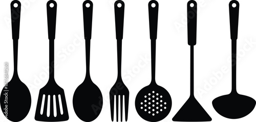 Kitchen utensil silhouette set, black cooking tool icons, food preparation graphic, hanging handle design, culinary equipment illustration