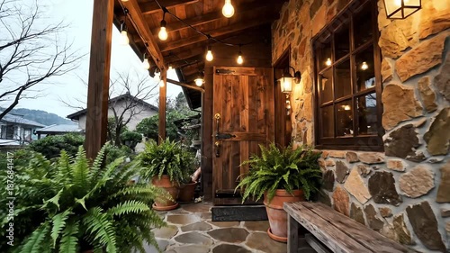 cozy stone cottage porch with warm lights and green plants for travel blogs, real estate websites, interior design inspiration, lifestyle magazines