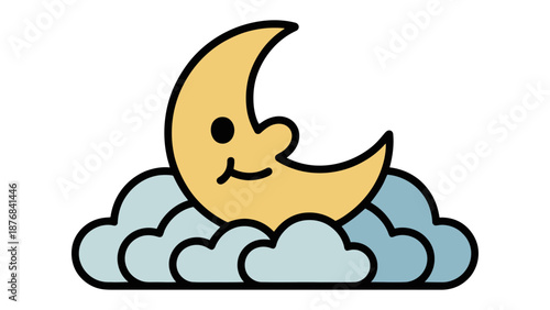 Serene night dream: A whimsical illustration of a crescent moon smiling sweetly above soft, fluffy clouds, evoking feelings of peace and tranquility under the starlit sky.