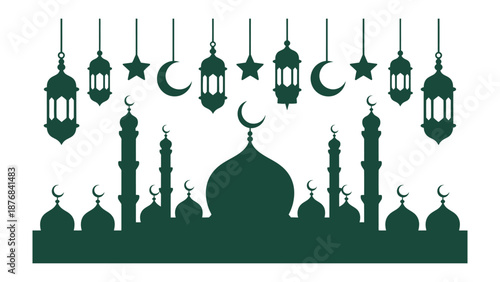Islamic Mosque Silhouette: An elegant illustration of an Islamic mosque is adorned with intricate lanterns, crescent moons, and stars, celebrating a sense of serenity. 