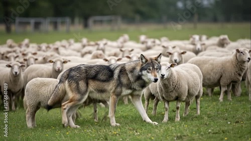Wolf walking through a flock of sheep on a grassy field in nature