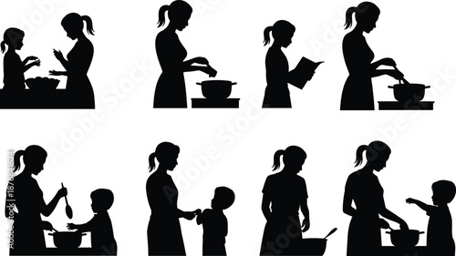 Mother and child cooking silhouette set, black kitchen activity icons, culinary learning poses, food prep illustration, family chef graphic