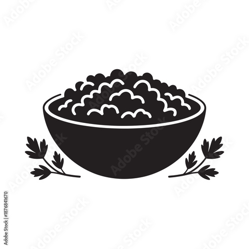 Simple black and white illustration of a bowl filled with food and garnish