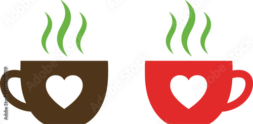 Set of brown and red coffee cup icons with heart motifs and green steam for cafe and Valentine concepts.