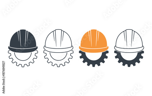 set of helmet and gear icons including construction helmet, cogwheel, workwear, safety and protection symbols, designed as clean vector illustrations.