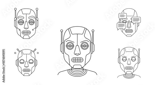 Collection of stylized line art robot head schematics showcasing various facial expressions and futuristic android interface designs for technology concepts.